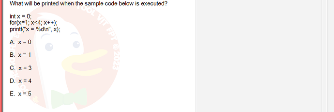 PRF192_SP24B5_FE_798937_imageIndex - (Choose 1 answer)   What will be printed when the sample code below is executed? int