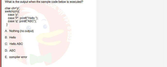 PRF192_SP24B5_FE_798937_imageIndex - (Choose 1 answer)   What is the output when the sample code below is executed? char