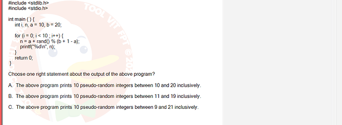 PRF192_SP24B5_FE_798937_imageIndex - (Choose 1 answer)   #include <stdlib.h> #include <stdio.h> int main() { } int i, n, a 10, b = 20; for