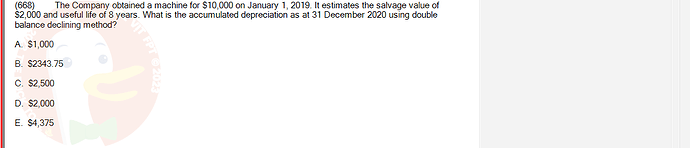 ACC101_SU24_FE_647733_1 - (Choose 1 answer)   (668) The Company obtained a machine for $10,000 on January 1, 2019.