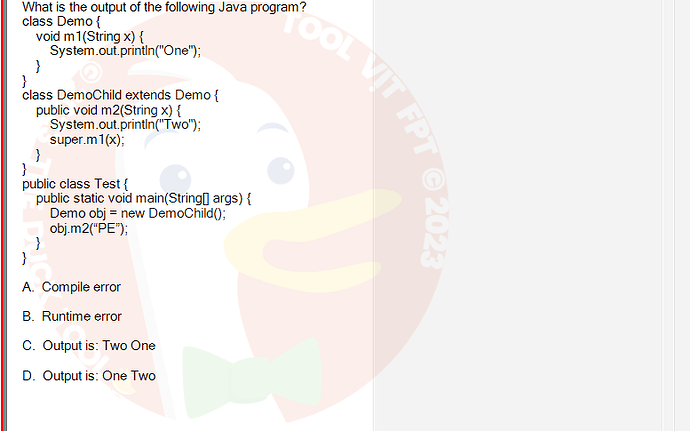 PRO192_SU24_FE2_616897_1 - (Choose 1 answer)   What is the output of the following Java program? class Demo { void m1(String