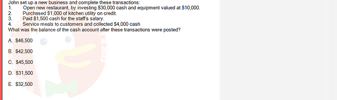 ACC101_SU24_FE_647733_1 - (Choose 1 answer)   John set up a new business and complete these transactions: 1. 2. 3. 4. Open new restaurant,