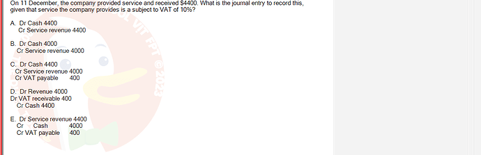 ACC101_SU24_FE_647733_1 - (Choose 1 answer)   On 11 December, the company provided service and received $4400. What is