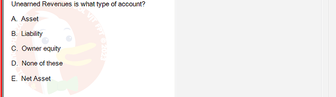 ACC101_SU24_RE_462588_1 - (Choose 1 answer)   Unearned Revenues is what type of