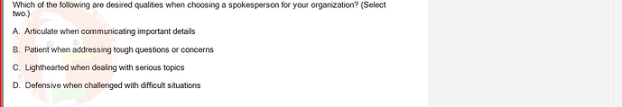 ITE302c_FA24_FE_768765_1 - (Choose 2 answers)   Which of the following are desired qualities when choosing a spokesperson for