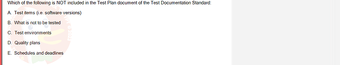 SWT301_SU24_RE_587839_1 - (Choose 1 answer)   Which of the following is NOT included in the Test Plan document