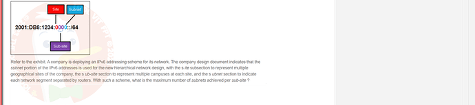 NWC204_SU24_FE_635748_1 - (Choose 1 answer)   Site Subnet 2001:DB8:1234:0000::/64 Sub-site Refer to the exhibit. A company is deploying an IPv6 addressing scheme