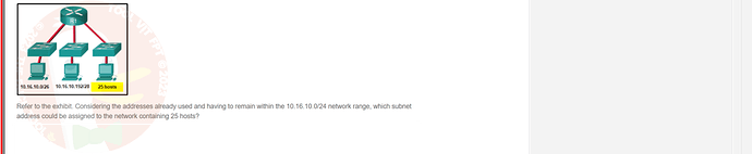 NWC204_SU24_FE_635748_1 - (Choose 1 answer)   R1 10.16.10.0/26 10.16.10.192/28 25 hosts Refer to the exhibit. Considering the addresses already used