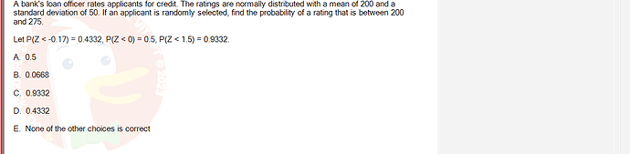 MAS202_FA24_FE_694699_1 - (Choose 1 answer)   A bank's loan officer rates applicants for credit. The ratings are normally