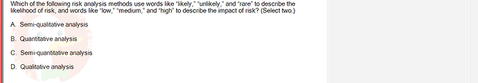 ITE302c_FA24_FE_768765_1 - (Choose 2 answers)   Which of the following risk analysis methods use words like "likely," "unlikely,"