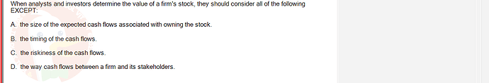 FIN202_SU24_FE_339519_1 - (Choose 1 answer)   When analysts and investors determine the value of a firm's stock, they