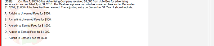 ACC101_FA24_RE_922728_1 - (Choose 1 answer)   (1329) On May 1, 2009 Giltus Advertising Company received $1,500 from Julie Bee