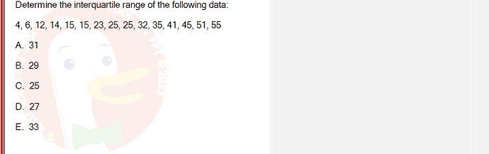 MAS202_FA24_FE_694699_1 - (Choose 1 answer)   Determine the interquartile range of the following data: 4, 6, 12, 14, 15,