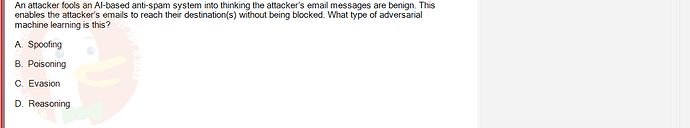 ITE302c_SU24_FE_982599_1 - (Choose 1 answer)   An attacker fools an Al-based anti-spam system into thinking the attacker's email