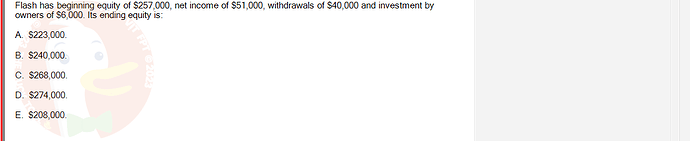 ACC101_SU24_RE_462588_1 - (Choose 1 answer)   Flash has beginning equity of $257,000, net income of $51,000, withdrawals of