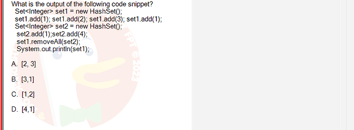 PRO192_FA24_FE_890647_1 - (Choose 1 answer)   What is the output of the following code snippet? Set set1 =