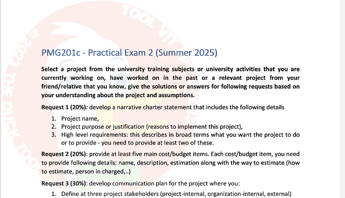 PMG201c_SU25_PE_2_564883_1 - Answer No: 1 PMG201c-Practical Exam 2 (Summer 2025) Select a project from the university training subjects or