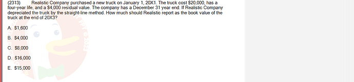 ACC101_FA24_RE_922728_1 - (Choose 1 answer)   (2313) Realistic Company purchased a new truck on January 1, 20X1. The