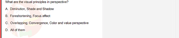 PST202_FA24_FE_890313_1 - (Choose 1 answer)   What are the visual principles in perspective? A. Diminution, Shade and