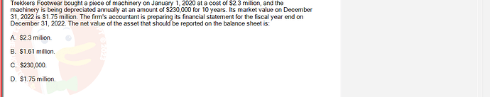 FIN202_SU24_FE_339519_1 - (Choose 1 answer)   Trekkers Footwear bought a piece of machinery on January 1, 2020 at