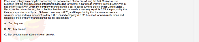 MAS202_FA24_FE_694699_1 - (Choose 1 answer)   Each year, ratings are compiled concerning the performance of new cars during