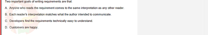 SWR302_SU24_RE_719186_1 - (Choose 2 answers)   Two important goals of writing requirements are that: A. Anyone who reads the