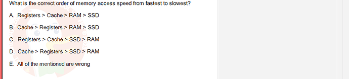 CEA201_FA24_FE_268514_1 - (Choose 1 answer)   What is the correct order of memory access speed from fastest to