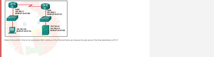 NWC204_SU24_FE_635748_1 - (Choose 1 answer)   Fa0/0 192.168.1.1 00-60-2F-3A-07-BB Fa0/0 192.168.5.1 00-60-2F-3A-07-CC PC1 192.168.1.50 00-60-2F-3A-07-AA Web Server 192.168.5.10 00-60-2F-3A-07-DD Refer to the exhibit. What is the destination MAC address