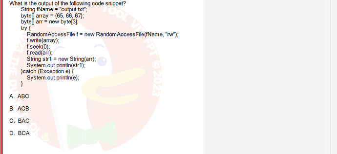 PRO192_FA24_FE_890647_1 - (Choose 1 answer)   What is the output of the following code snippet? String fName = "output.txt"; byte[]