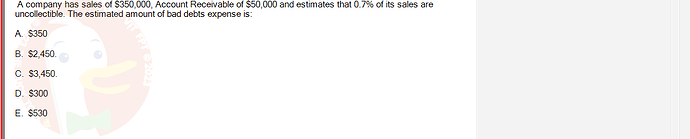 ACC101_SU24_RE_462588_1 - (Choose 1 answer)   A company has sales of $350,000, Account Receivable of $50,000 and estimates