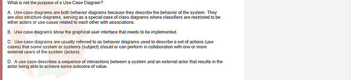 SWR302_FA24_FE_601568_1 - (Choose 1 answer)   What is not the purpose of a Use Case Diagram? A. Use case